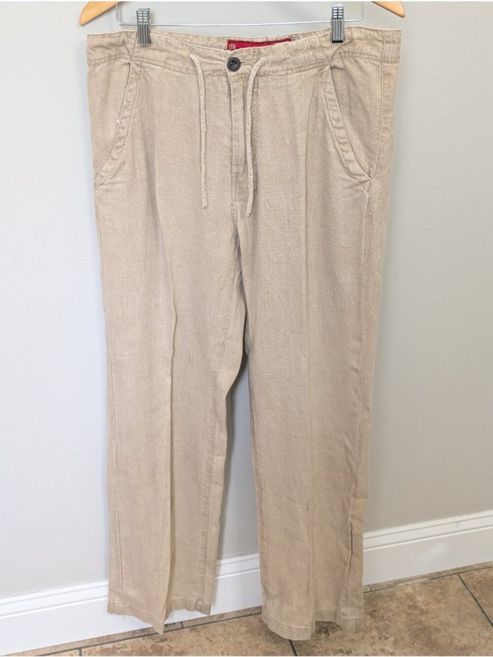 Vtg Y2K Guess 100% Linen Pleated Pants Drawstring 32x32 Tan Khaki
